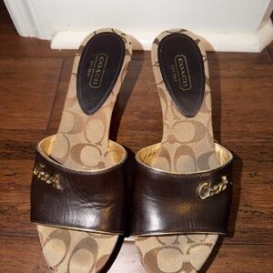 Coach Brown Logo Slide Mules with Gold Script Accent